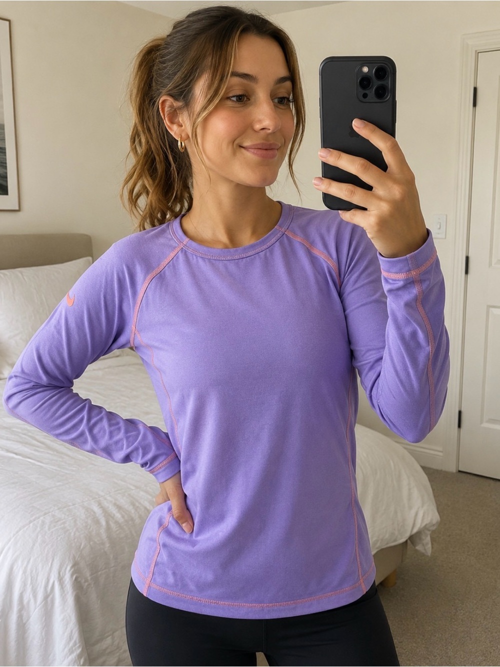 NIKE Pro Women's Fleece Lined Long Sleeve Shirt in Purple Size S *Read